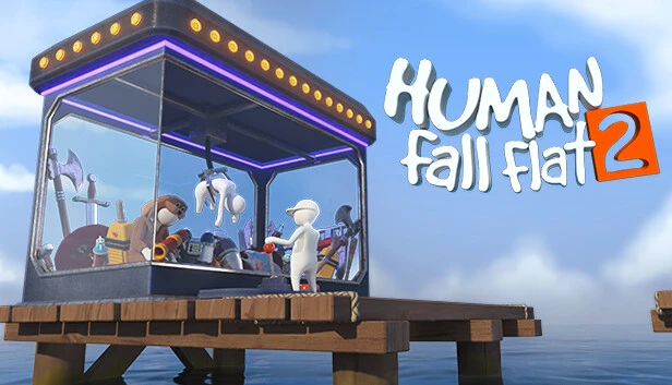 A promotional image for Human: Fall Flat 2, showing a character interacting with a claw machine filled with items.